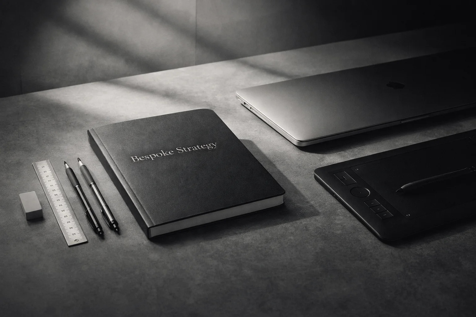 Minimalist monochrome desk featuring a closed notebook labeled “Bespoke Strategy,” alongside sketching tools, a laptop, and a digital tablet in soft natural lighting.