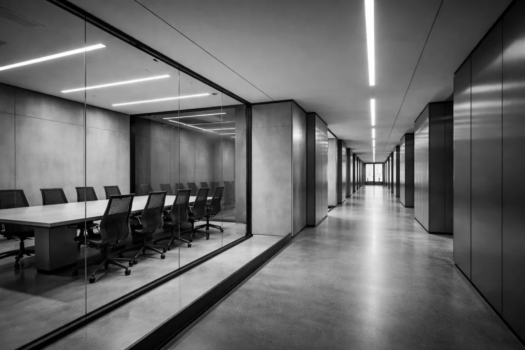 Greyscale architectural interior representing structured professional sectors and disciplined business systems.